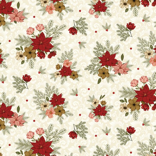 Christmas Greetings Floral Cream, Sold by the Yard