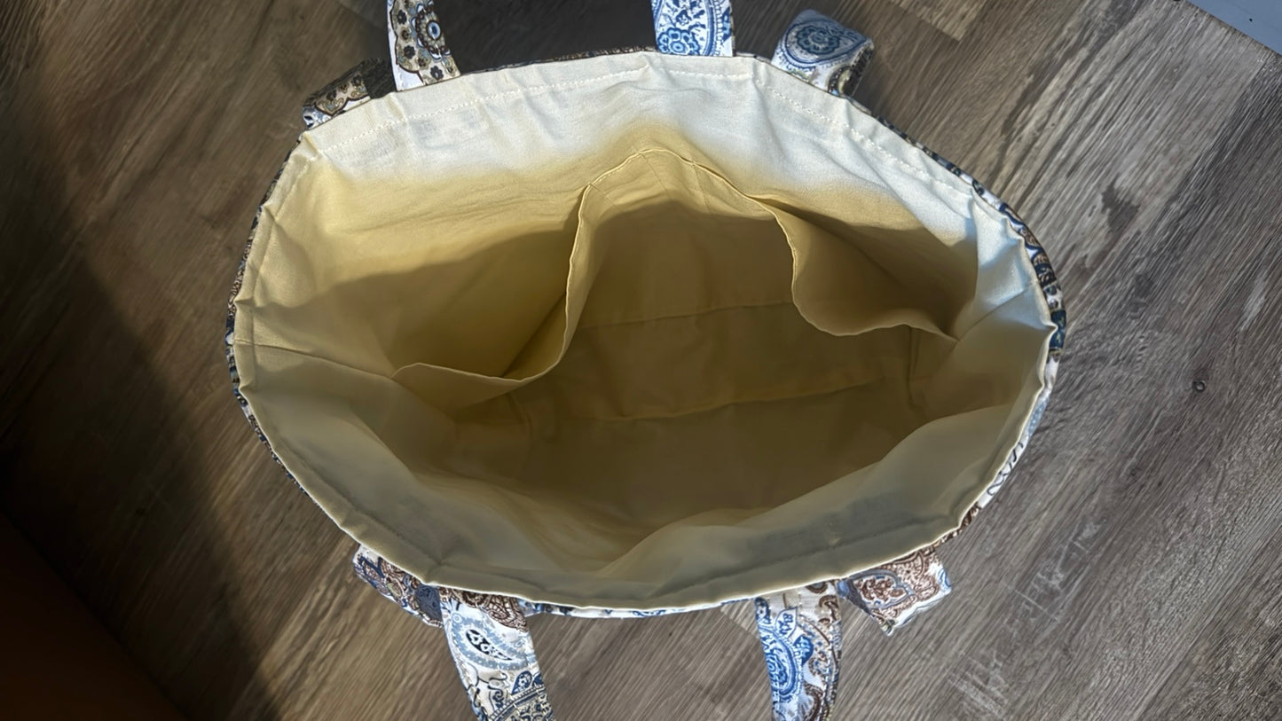 Blue Paisley Tote Bag | Handmade Market Tote with Interior Pockets