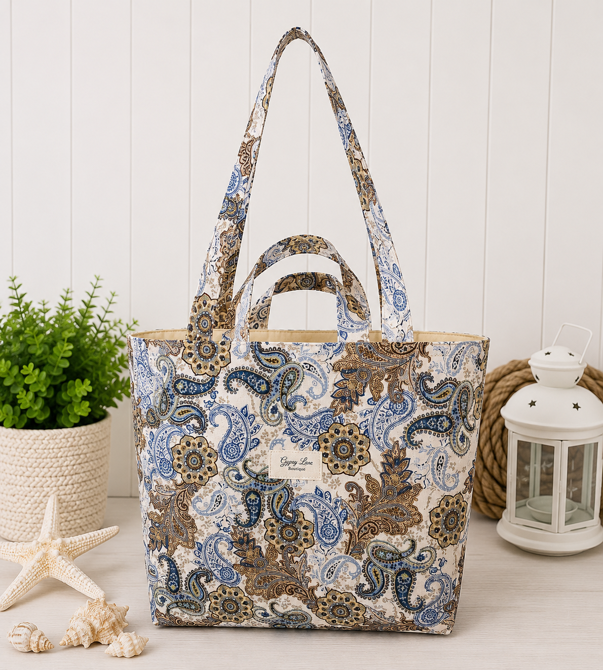 Blue Paisley Tote Bag | Handmade Market Tote with Interior Pockets