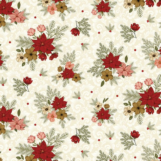 Christmas Greetings Floral Cream, Sold by the Yard